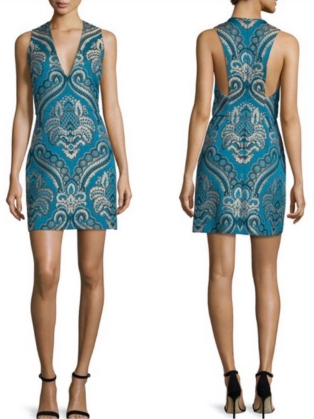 Alice + Olivia Teal Paisley V-Neck Mini Dress